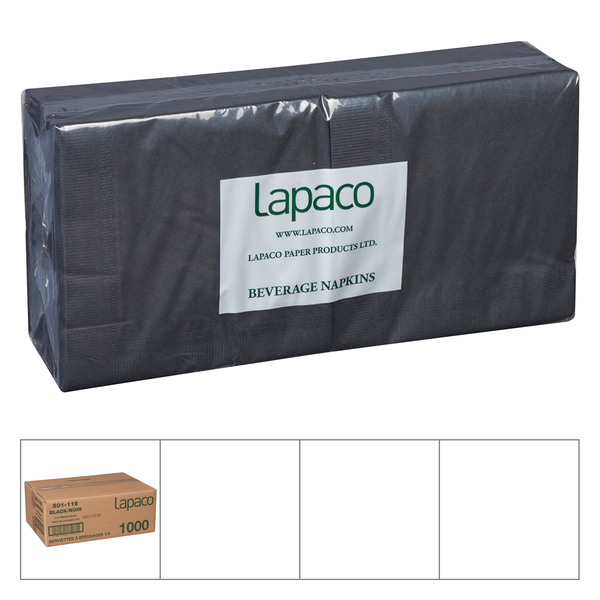 Lapaco Lapaco 10"x10" 1/4 Fold 2 Ply Black Beverage Napkin, PK1000 501-116